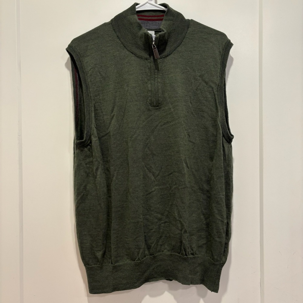Tom James Mens XL Olive Green Quarter Zip Sweater Golf Vest Made in‎ Italy Knit